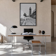 Grand Haven black & white photo poster of Michigan, USA – vertical wall art in black wood frame, hanging on wall