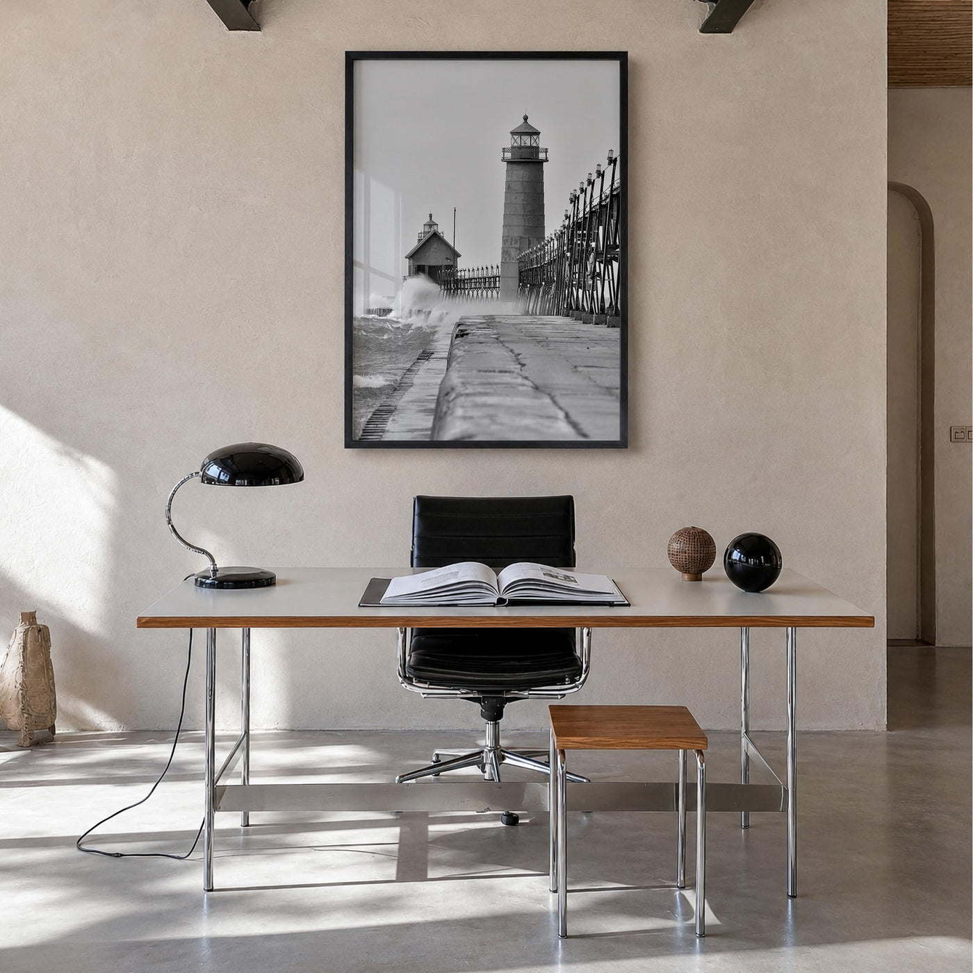 Grand Haven black & white photo poster of Michigan, USA – vertical wall art in black wood frame, hanging on wall