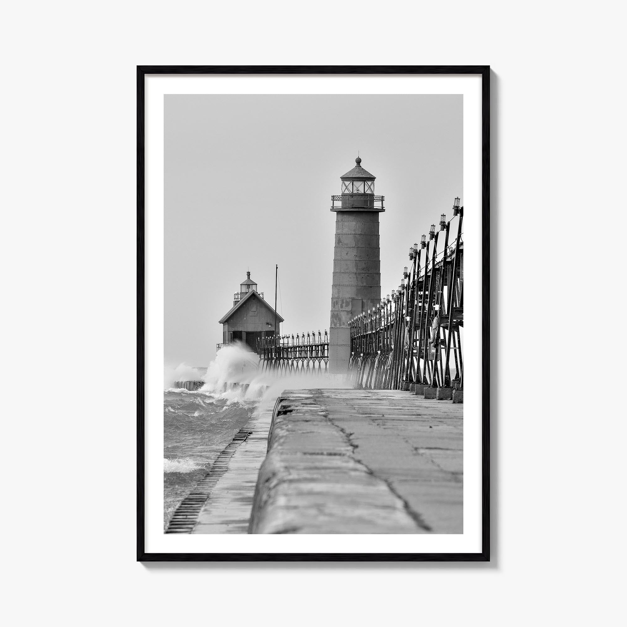 Grand Haven black & white photo poster of Michigan, USA – vertical wall art, unframed print shown in interior mockup