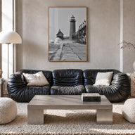 Grand Haven black & white photo poster of Michigan, USA – vertical wall art in natural wood frame, hanging on wall