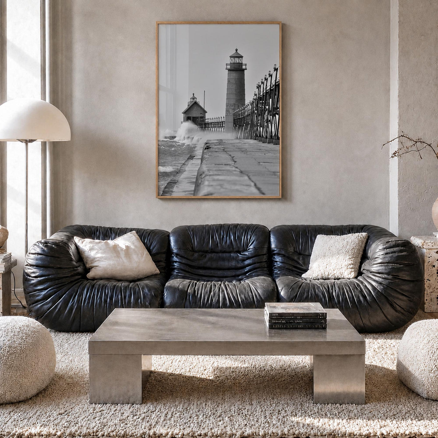 Grand Haven black & white photo poster of Michigan, USA – vertical wall art in natural wood frame, hanging on wall