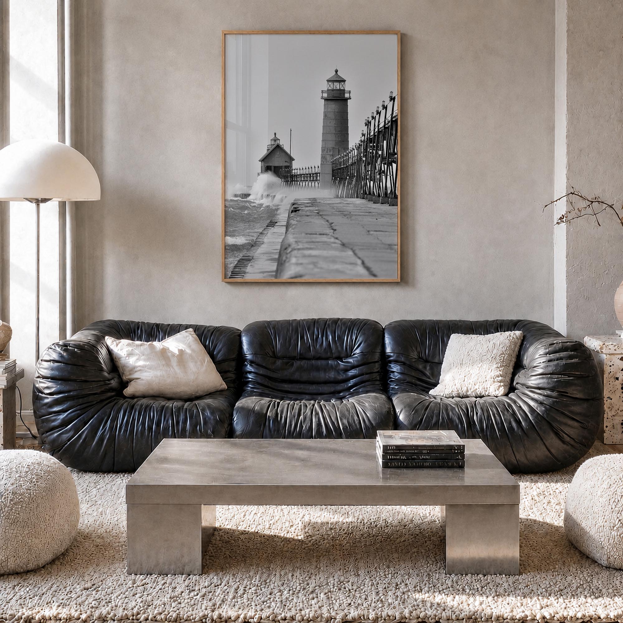 Grand Haven black & white photo poster of Michigan, USA – vertical wall art in natural wood frame, hanging on wall
