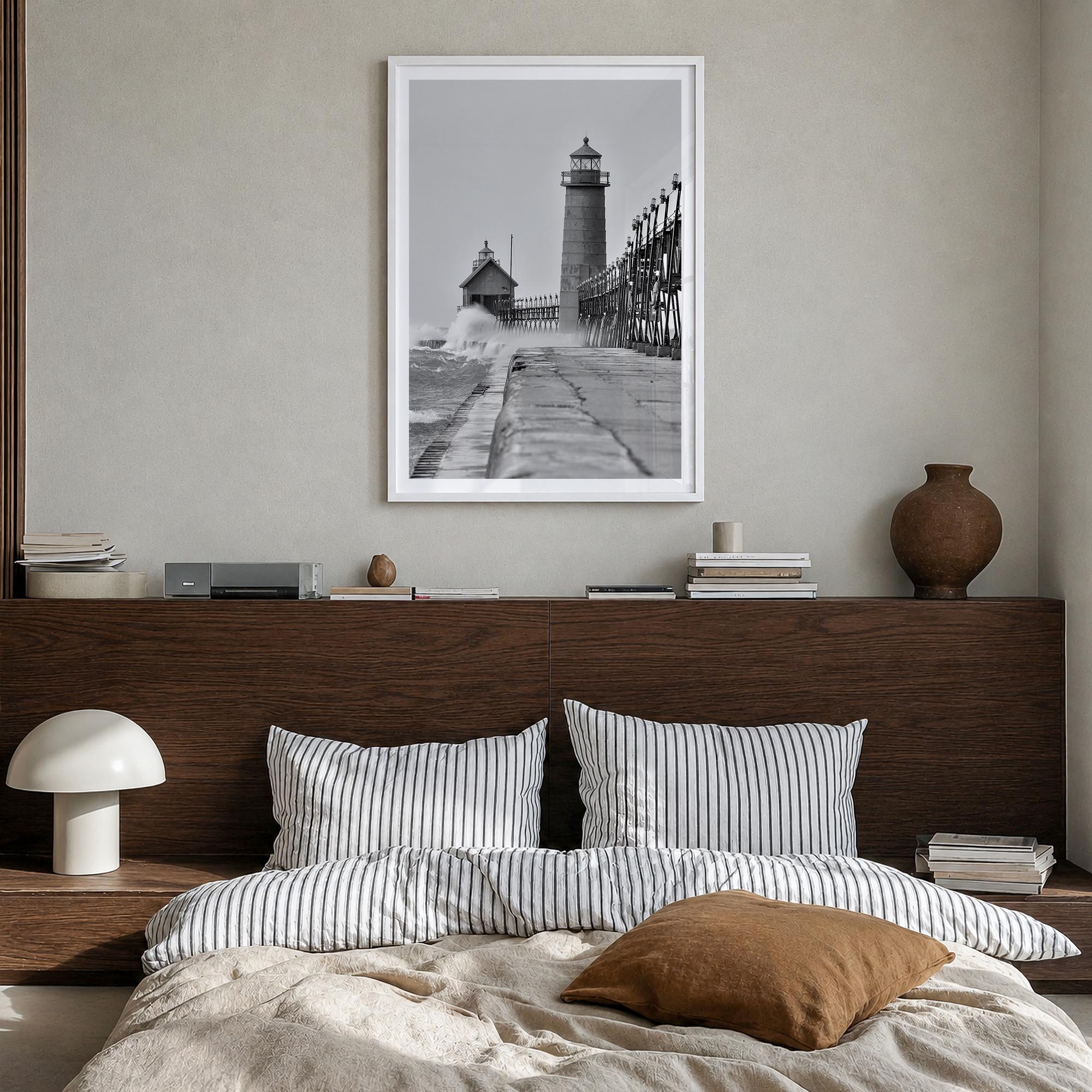 Grand Haven black & white photo poster of Michigan, USA – vertical wall art in white wood frame with white border, hanging on