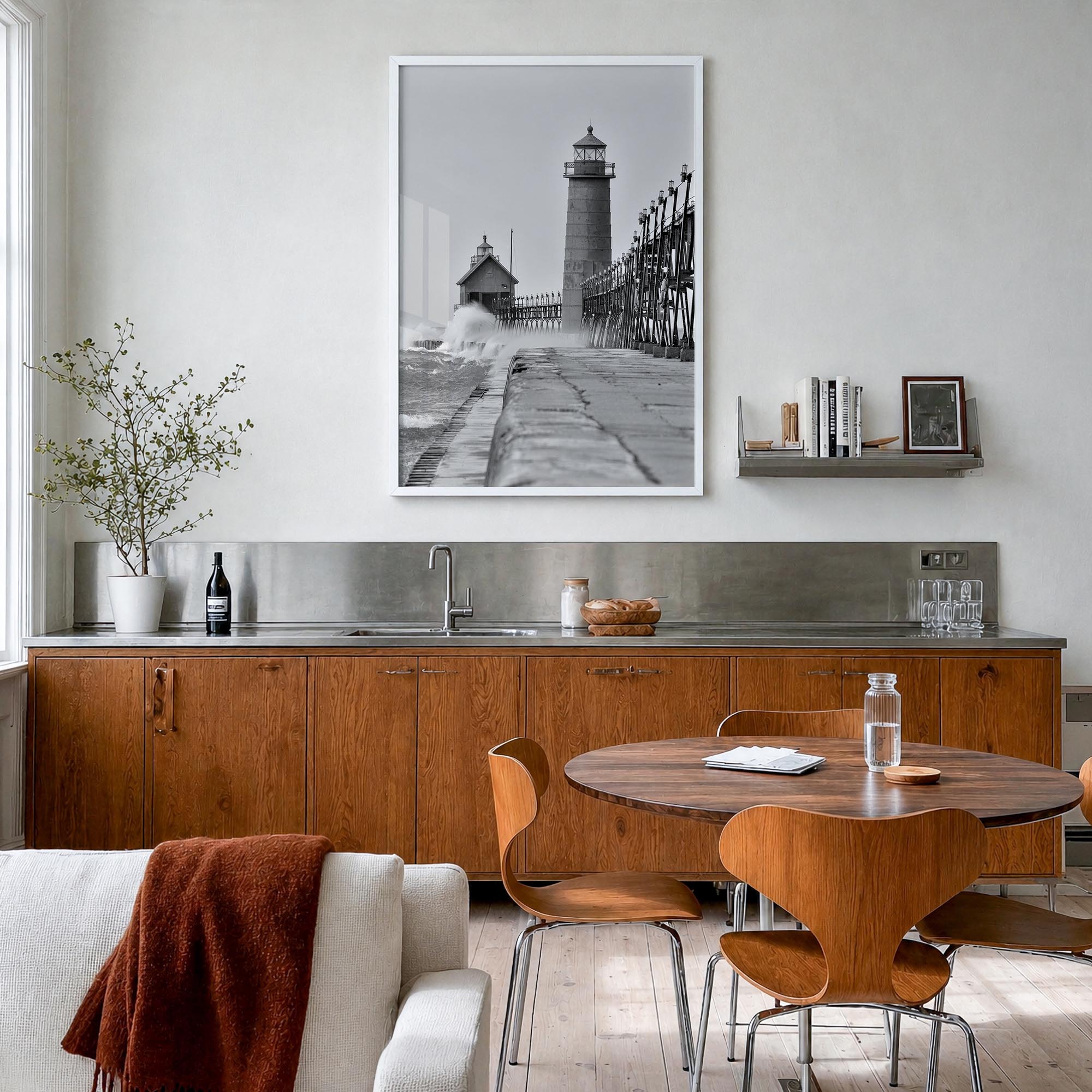 Grand Haven black & white photo poster of Michigan, USA – vertical wall art in white wood frame, hanging on wall