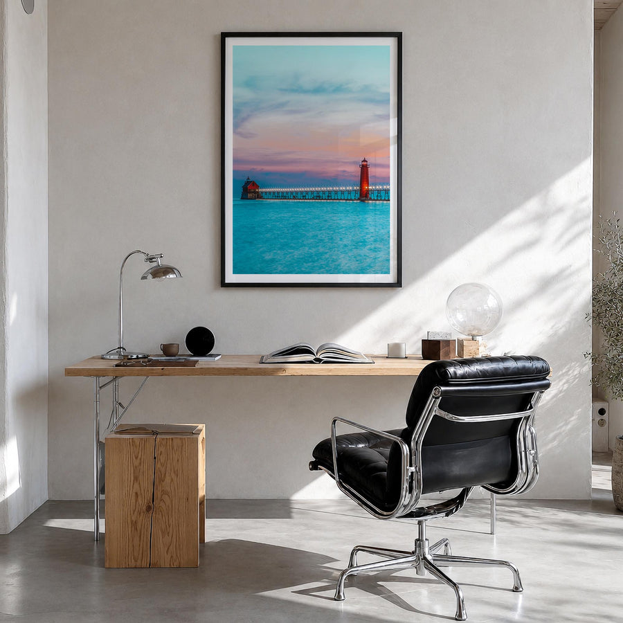 Grand Haven colorful photo poster of Michigan, USA – vertical wall art in black wood frame with white border, hanging on wall