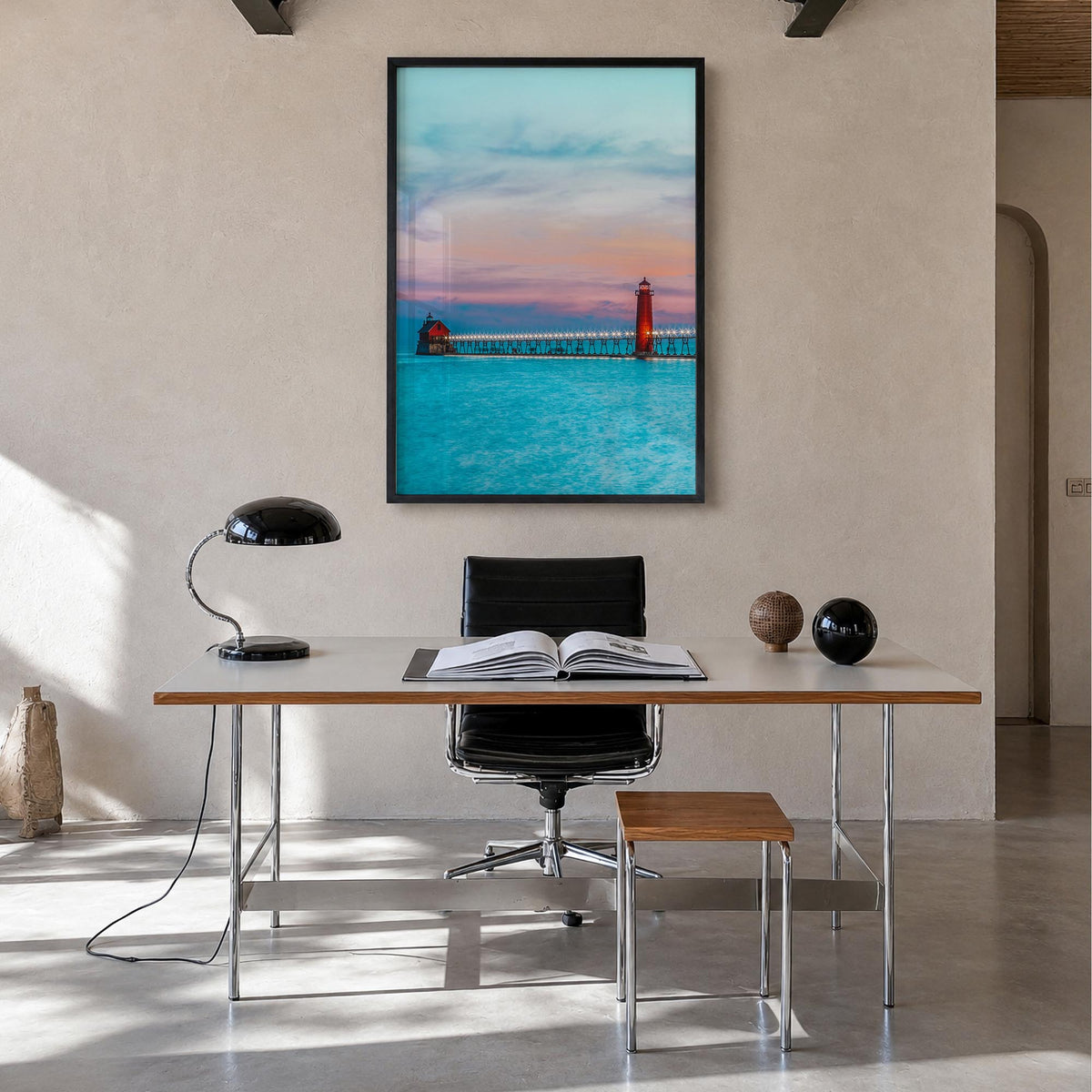 Grand Haven colorful photo poster of Michigan, USA – vertical wall art in black wood frame, hanging on wall