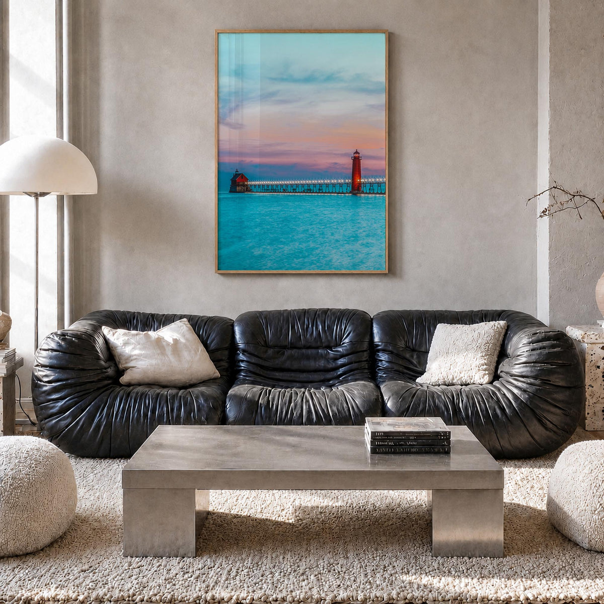 Grand Haven colorful photo poster of Michigan, USA – vertical wall art in natural wood frame, hanging on wall