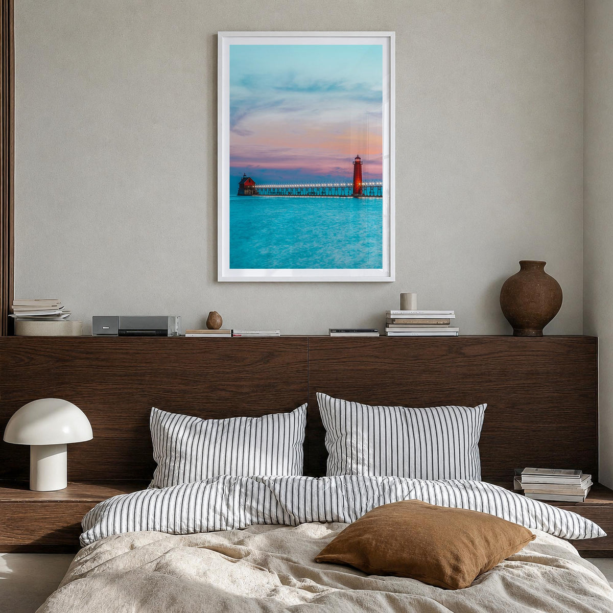 Grand Haven colorful photo poster of Michigan, USA – vertical wall art in white wood frame with white border, hanging on wall