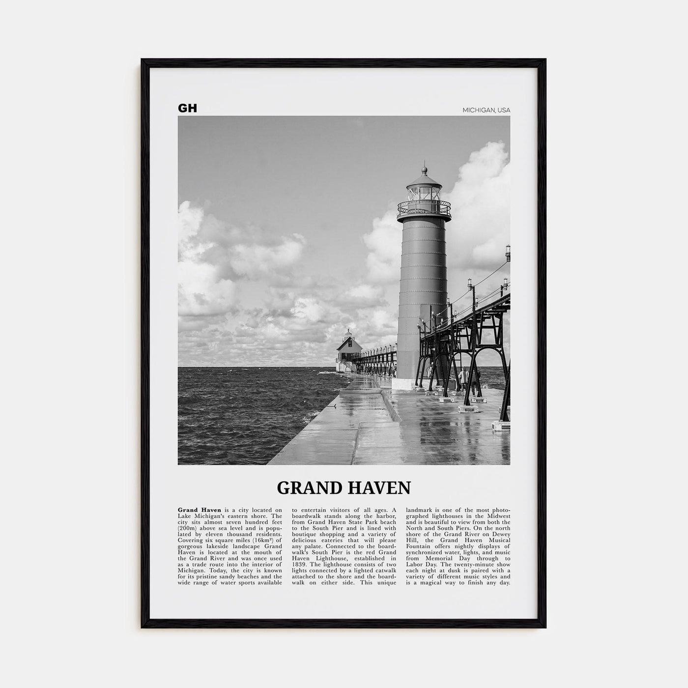 Grand Haven Poster Black Wood / 8x12 in Nbourhood Travel B&W Poster