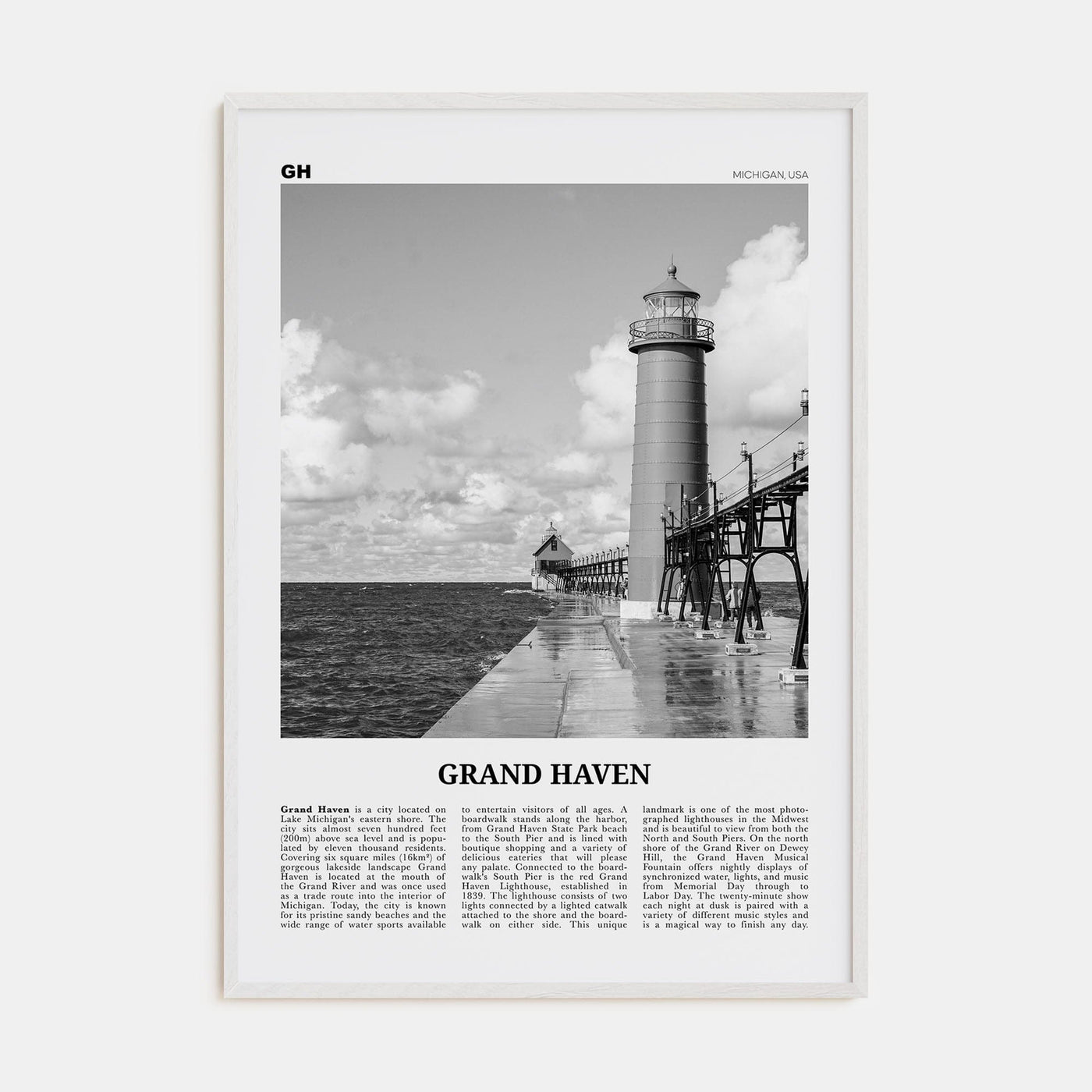 Grand Haven Poster White Wood / 8x12 in Nbourhood Travel B&W Poster