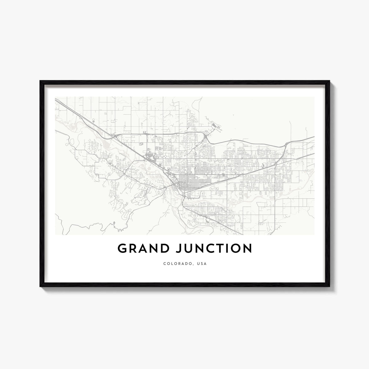 Grand Junction black & white map poster of Colorado, USA – horizontal wall art, unframed print shown in interior mockup