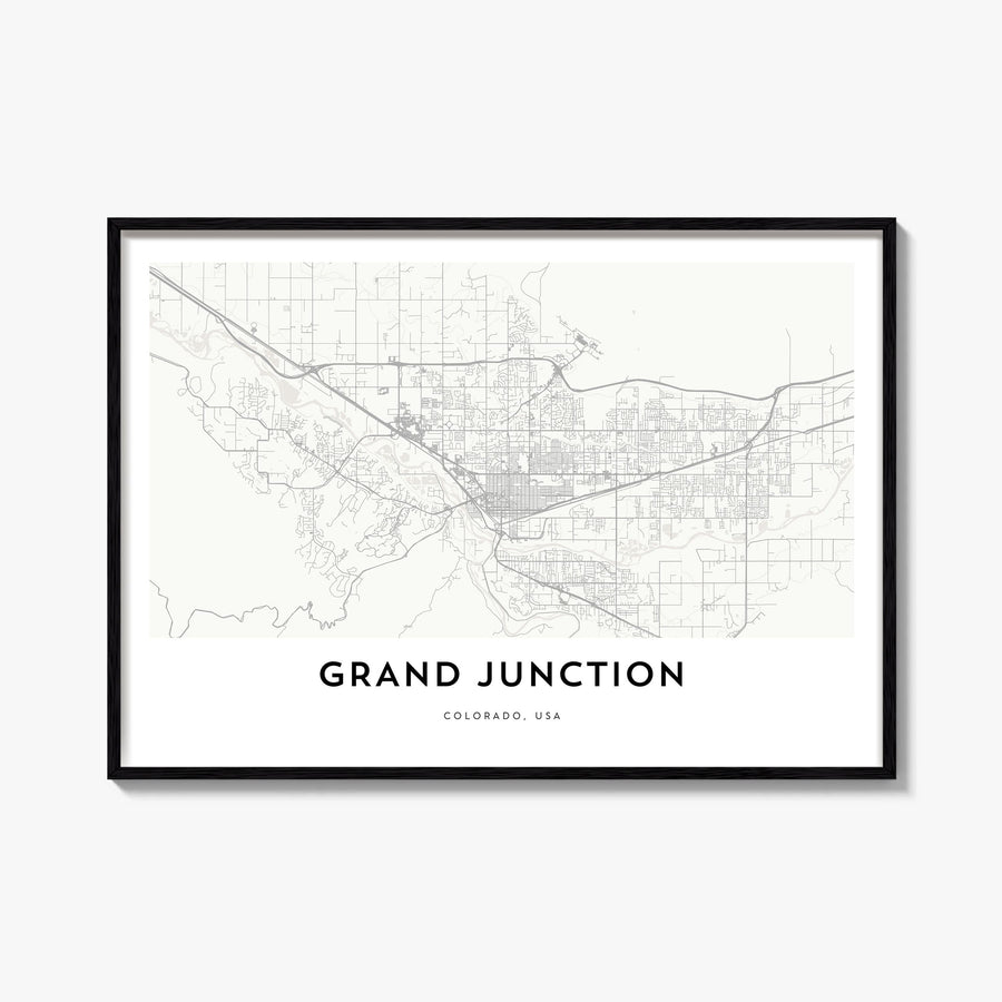 Grand Junction black & white map poster of Colorado, USA – horizontal wall art, unframed print shown in interior mockup