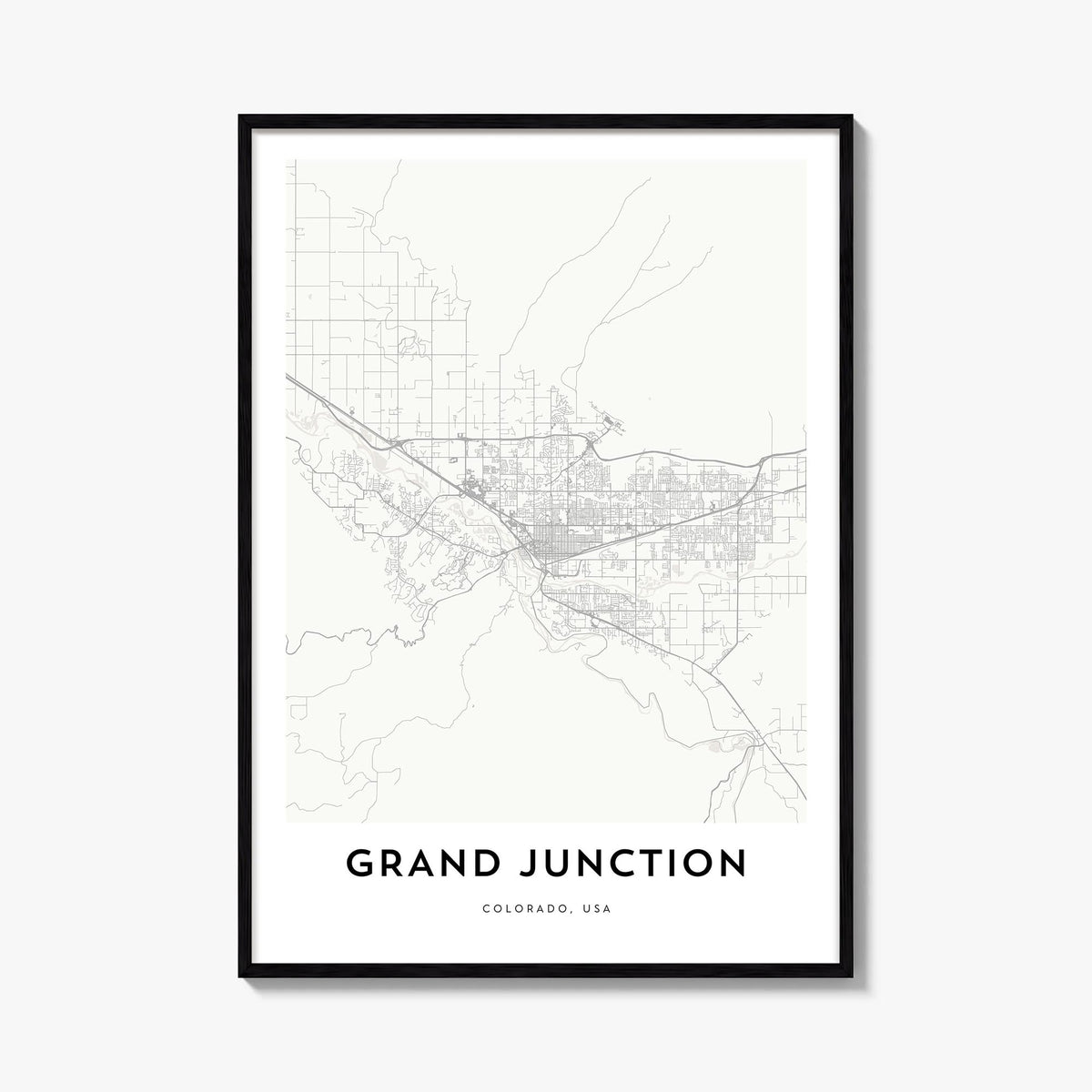 Grand Junction black & white map poster of Colorado, USA – vertical wall art, unframed print shown in interior mockup