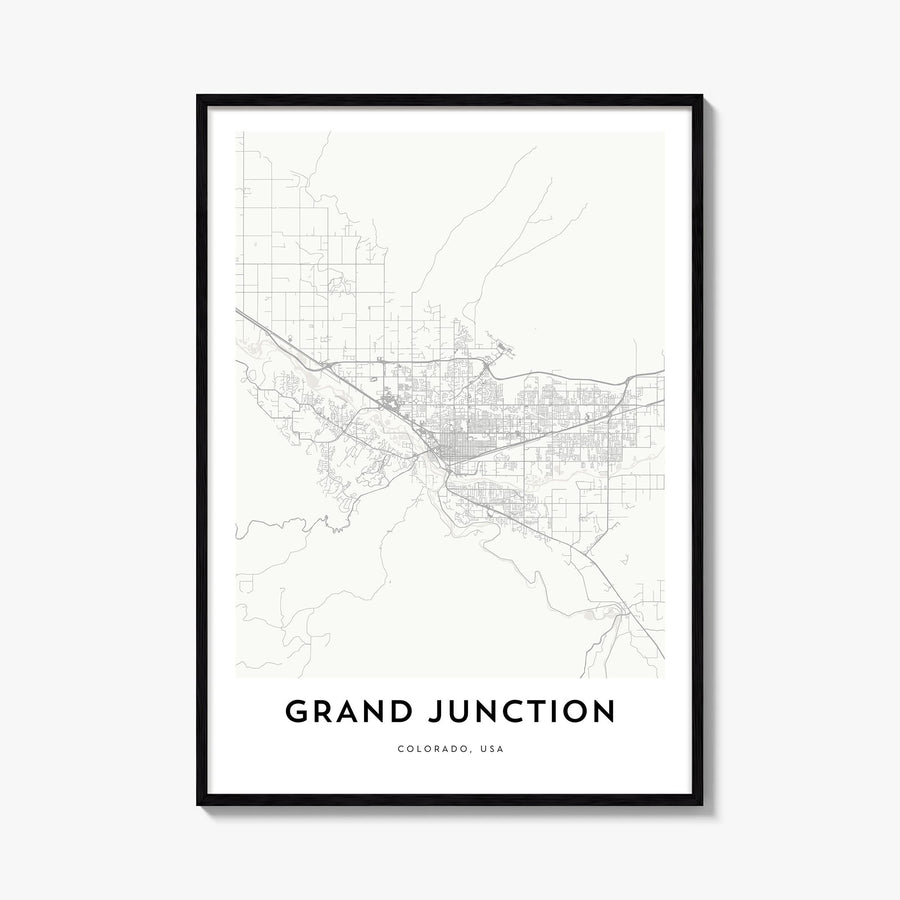 Grand Junction black & white map poster of Colorado, USA – vertical wall art, unframed print shown in interior mockup