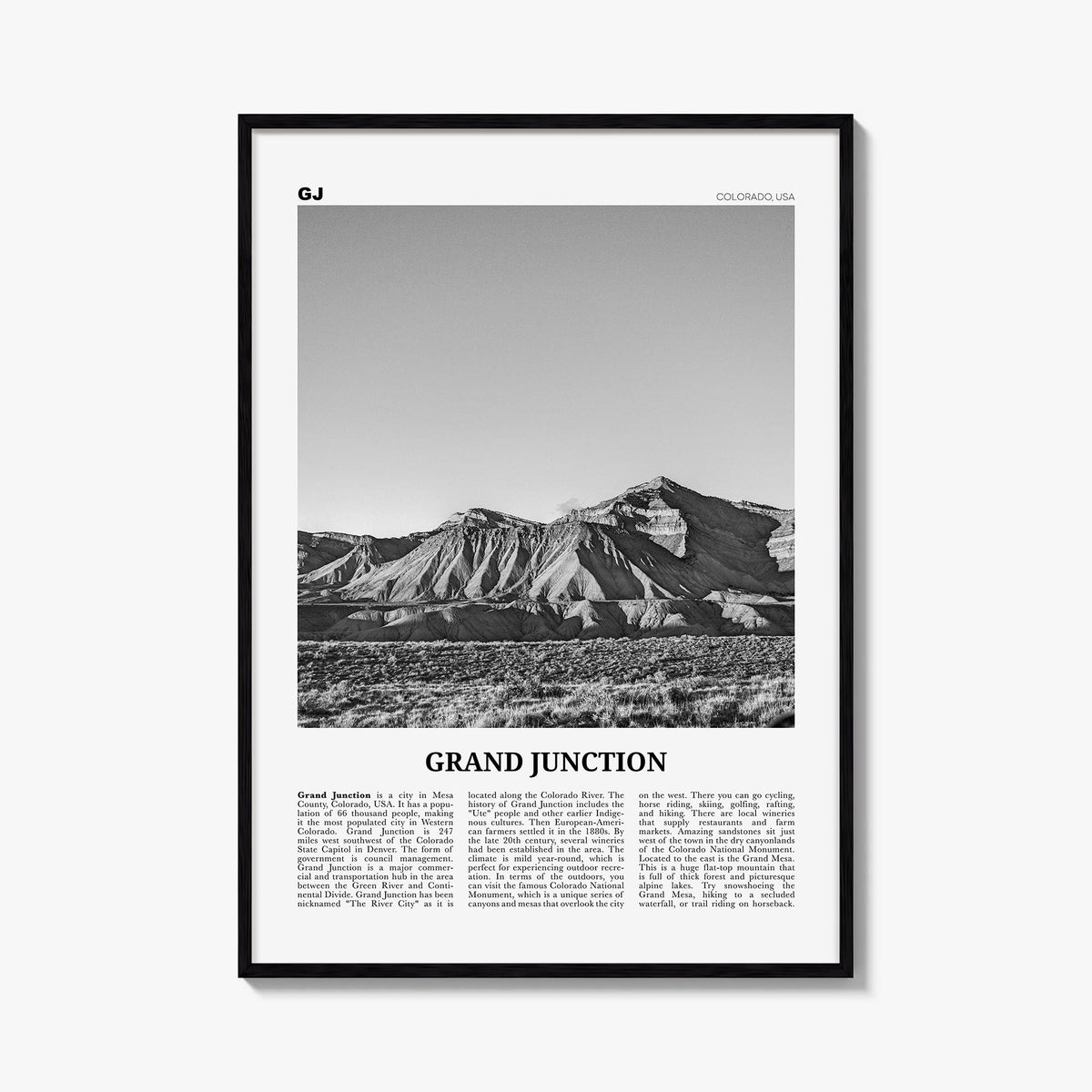 Grand Junction black & white newspaper poster of Colorado, USA – vertical wall art, unframed print shown in interior mockup
