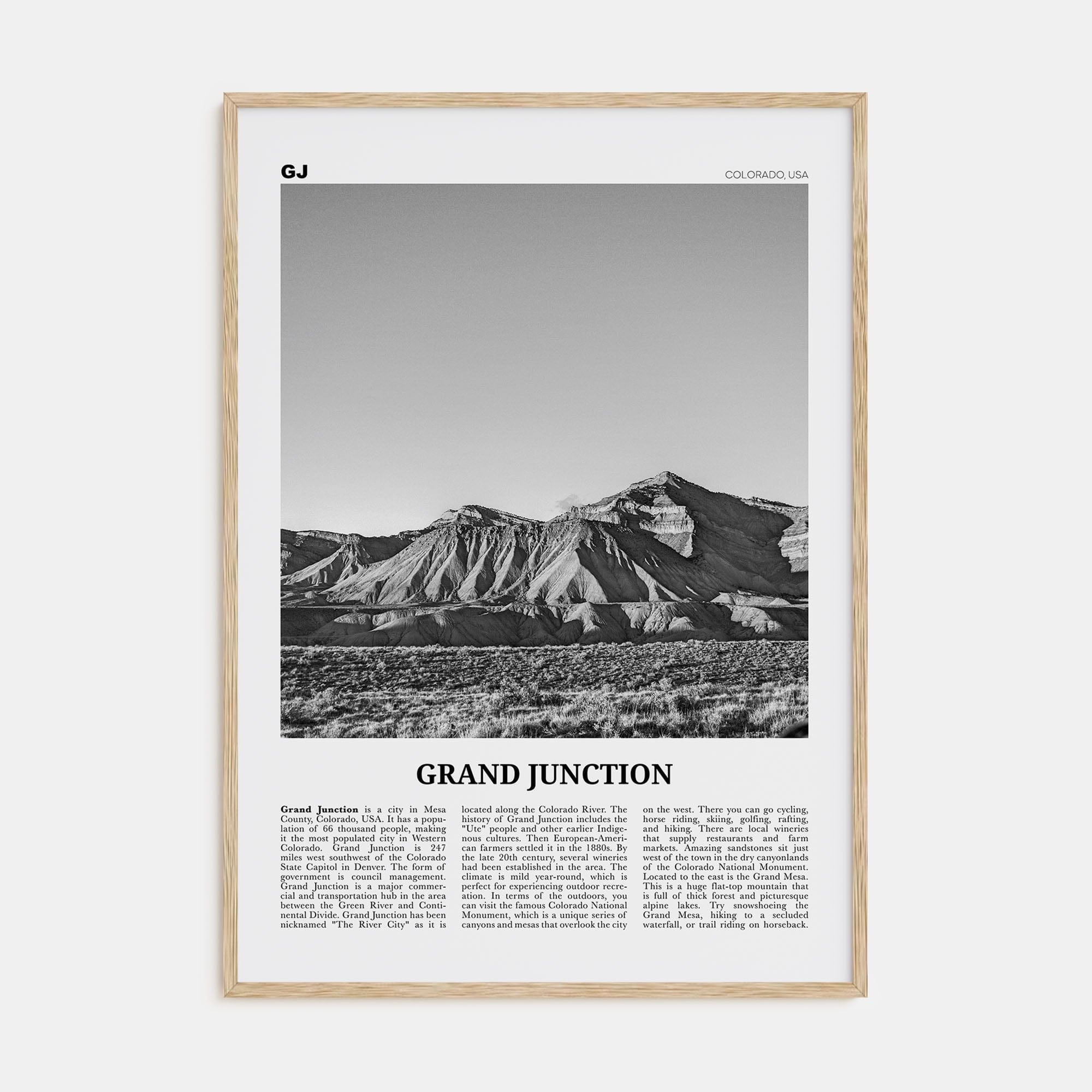 Grand Junction Poster Natural Wood / 8x12 in Nbourhood Travel B&W Poster