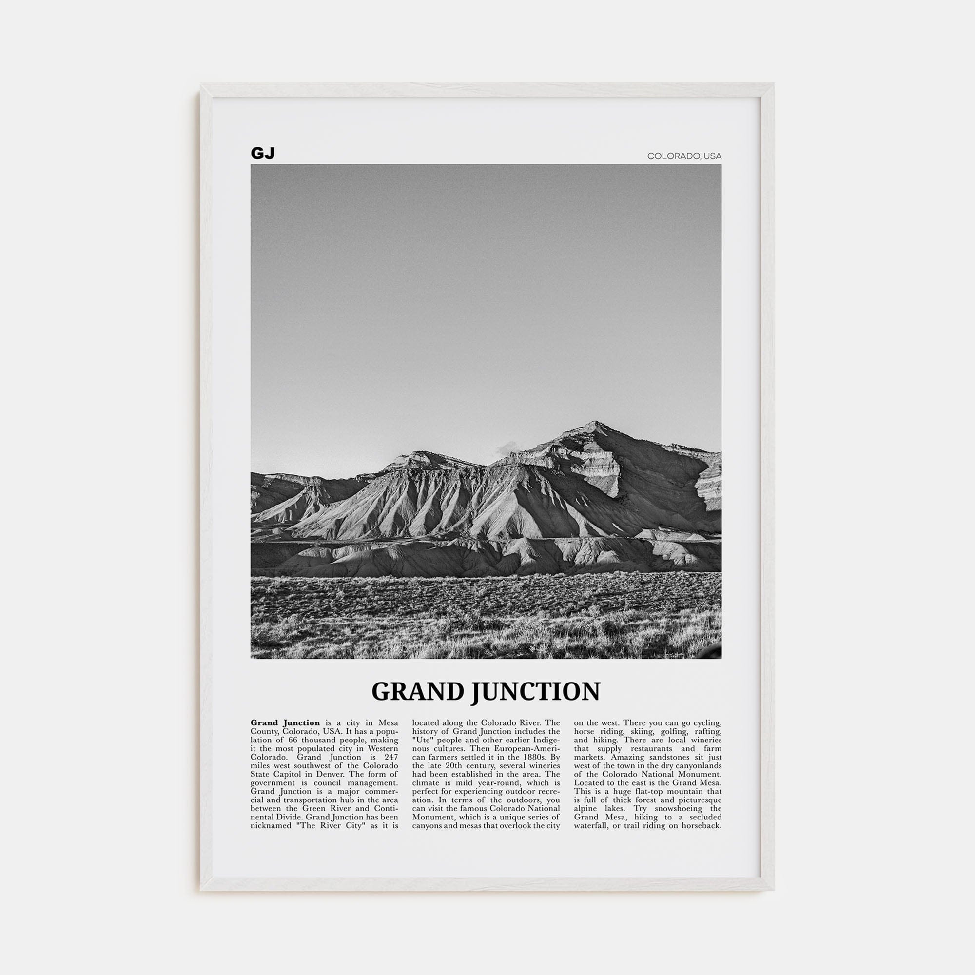 Grand Junction Poster White Wood / 8x12 in Nbourhood Travel B&W Poster