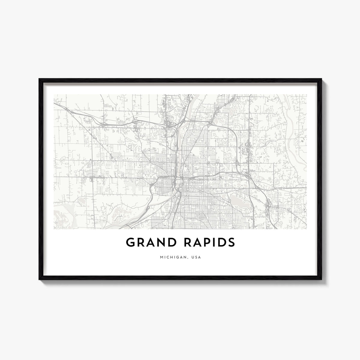Grand Rapids black & white map poster of Michigan, USA – horizontal wall art, unframed print shown in interior mockup