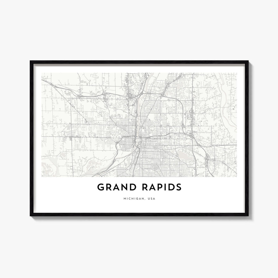 Grand Rapids black & white map poster of Michigan, USA – horizontal wall art, unframed print shown in interior mockup