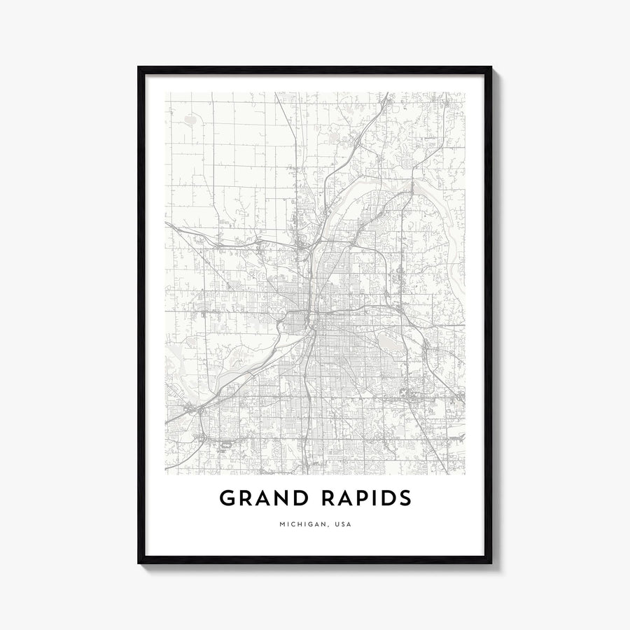 Grand Rapids black & white map poster of Michigan, USA – vertical wall art, unframed print shown in interior mockup