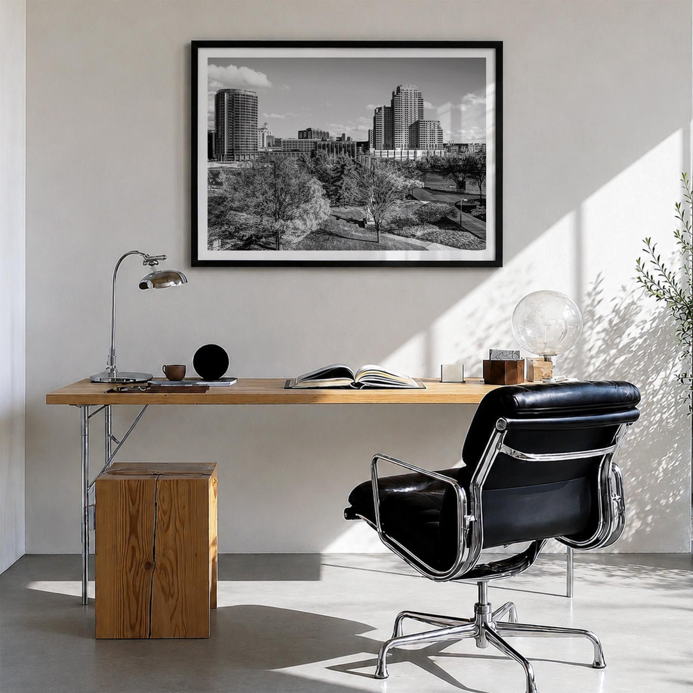 Grand Rapids black & white photo poster of Michigan, USA – horizontal wall art in black wood frame with white border, hanging