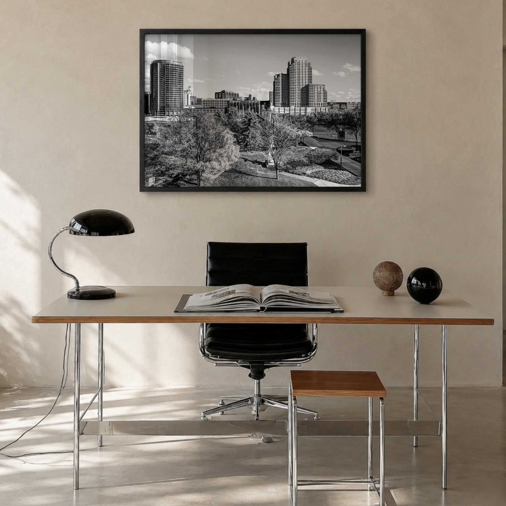 Grand Rapids black & white photo poster of Michigan, USA – horizontal wall art in black wood frame, hanging on wall