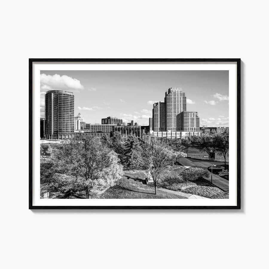Grand Rapids black & white photo poster of Michigan, USA – horizontal wall art, unframed print shown in interior mockup