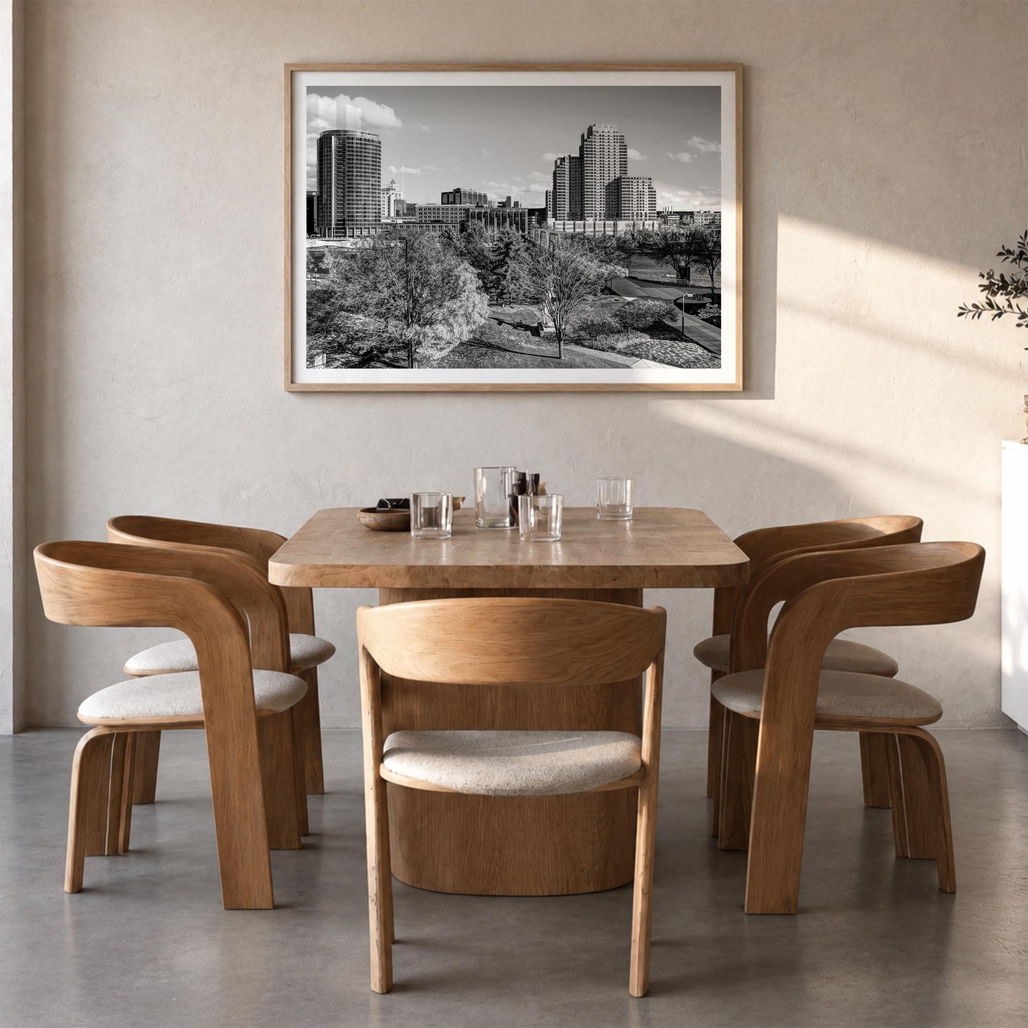 Grand Rapids black & white photo poster of Michigan, USA – horizontal wall art in natural wood frame with white border, hangi