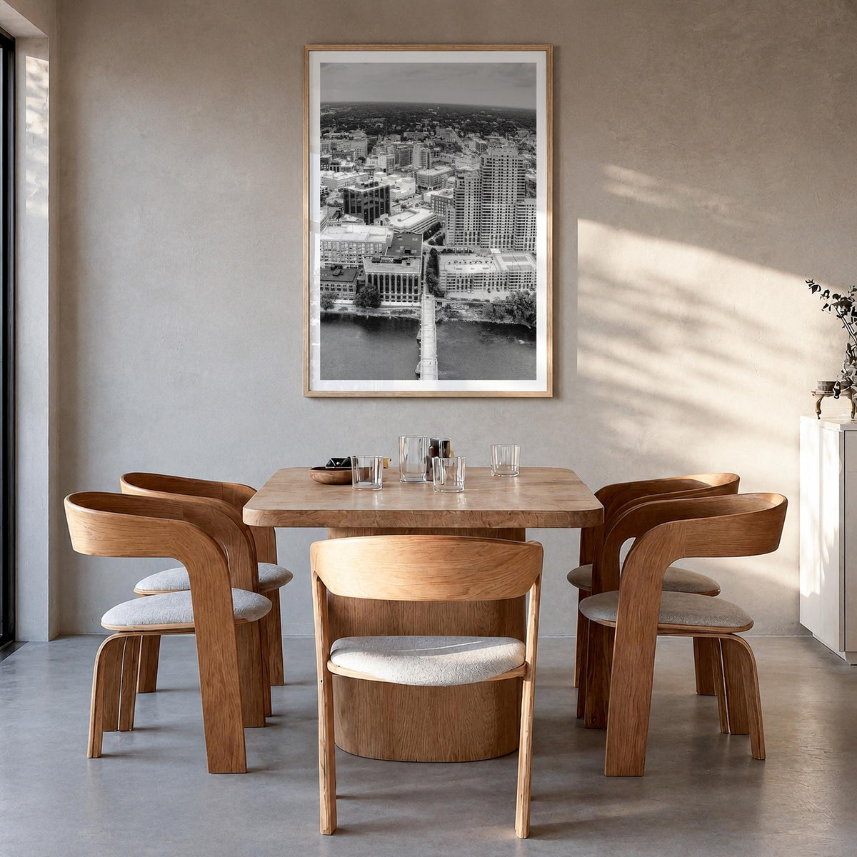 Grand Rapids black & white photo poster of Michigan, USA – vertical wall art in natural wood frame with white border, hanging