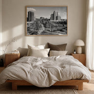 Grand Rapids black & white photo poster of Michigan, USA – horizontal wall art in natural wood frame, hanging on wall