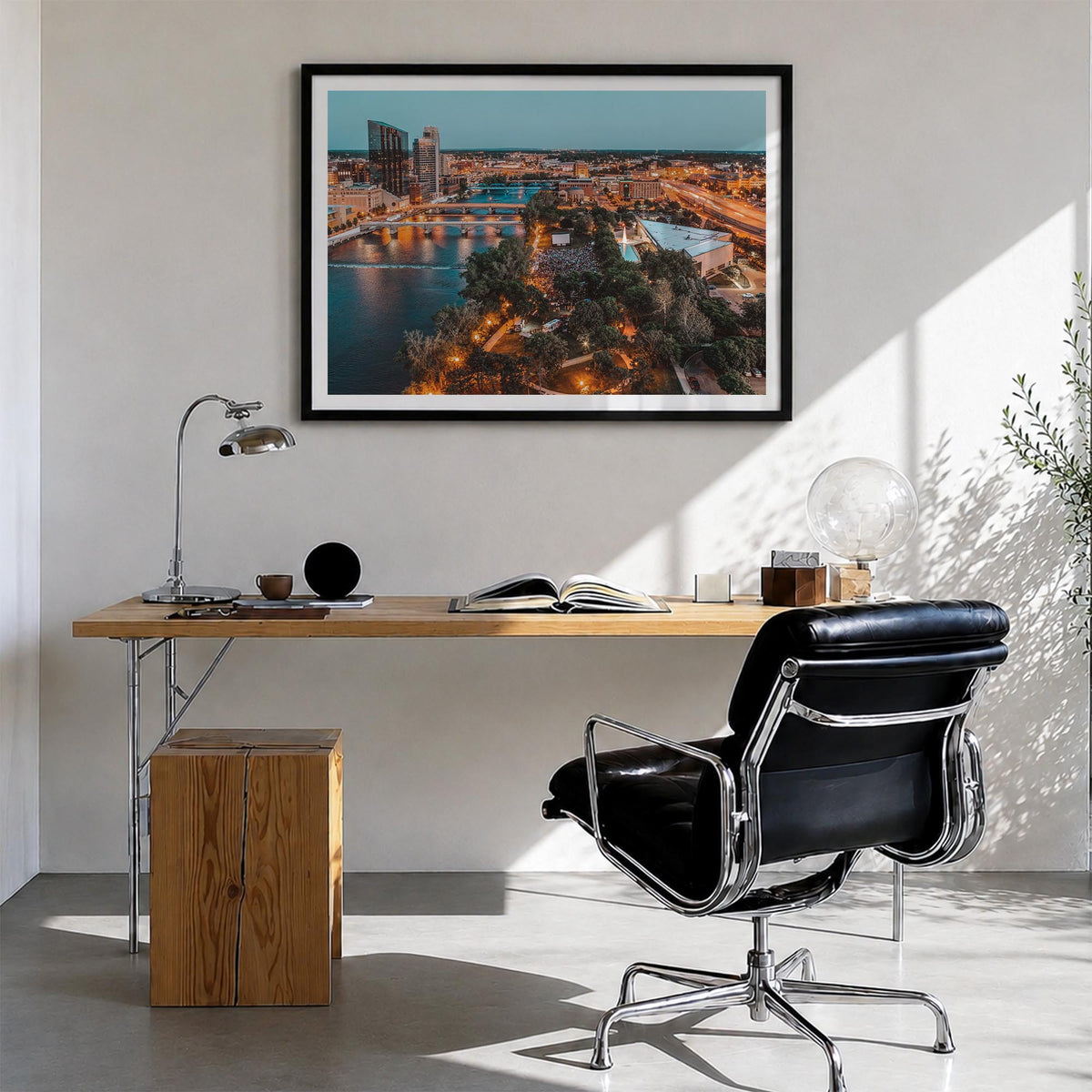 Grand Rapids colorful photo poster of Michigan, USA – horizontal wall art in black wood frame with white border, hanging on w