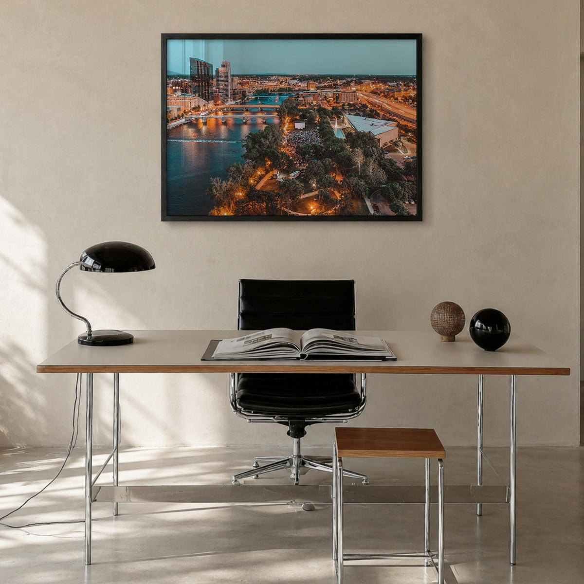Grand Rapids colorful photo poster of Michigan, USA – horizontal wall art in black wood frame, hanging on wall