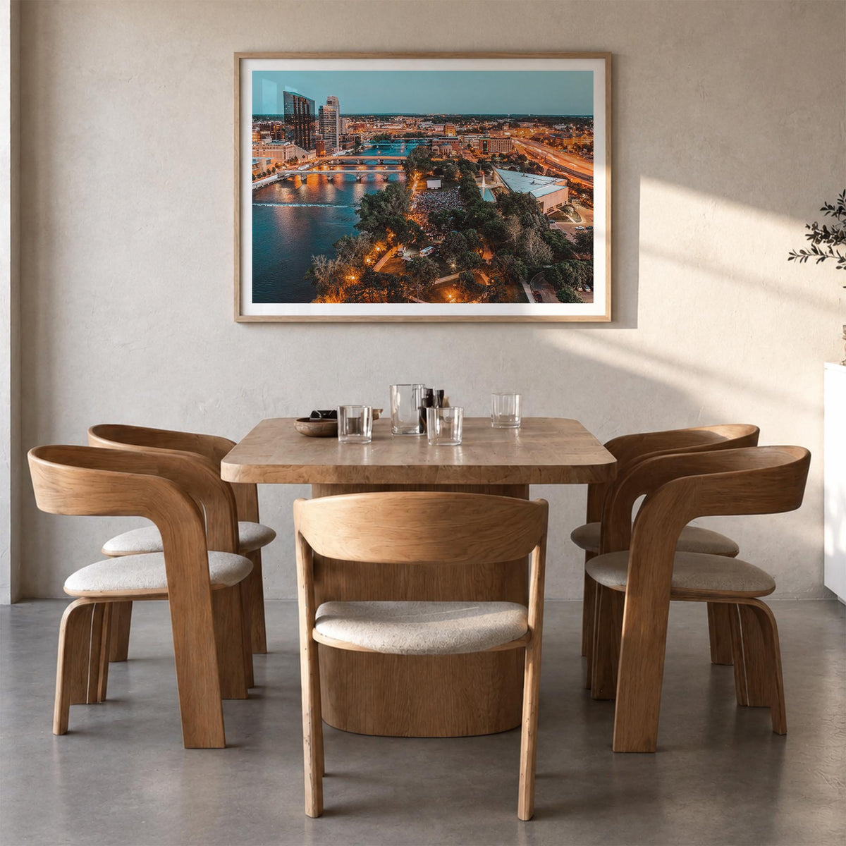 Grand Rapids colorful photo poster of Michigan, USA – horizontal wall art in natural wood frame with white border, hanging on