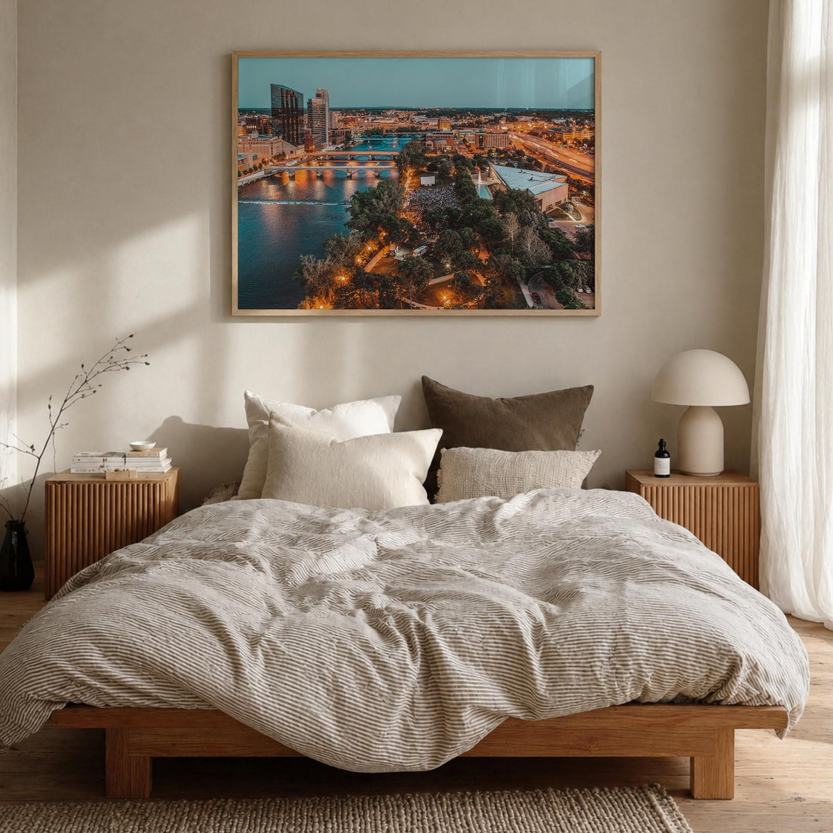 Grand Rapids colorful photo poster of Michigan, USA – horizontal wall art in natural wood frame, hanging on wall