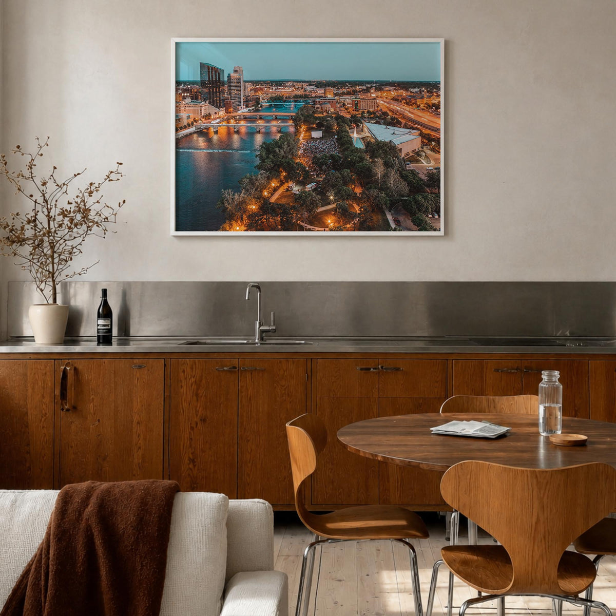 Grand Rapids colorful photo poster of Michigan, USA – horizontal wall art in white wood frame, hanging on wall
