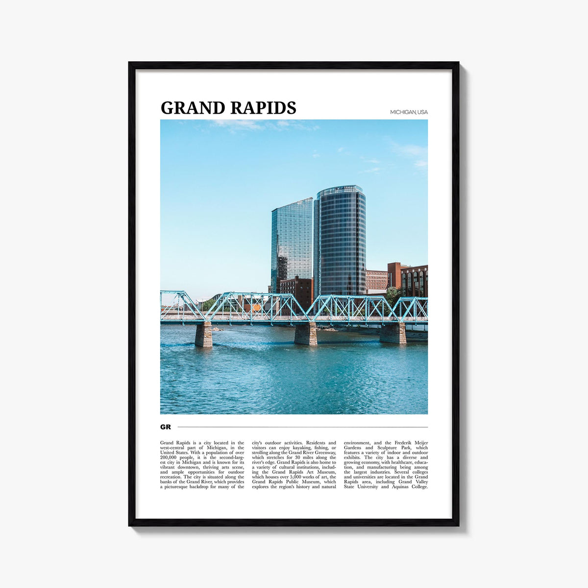 Grand Rapids colorful travel poster of Michigan, USA – vertical wall art, unframed print shown in interior mockup