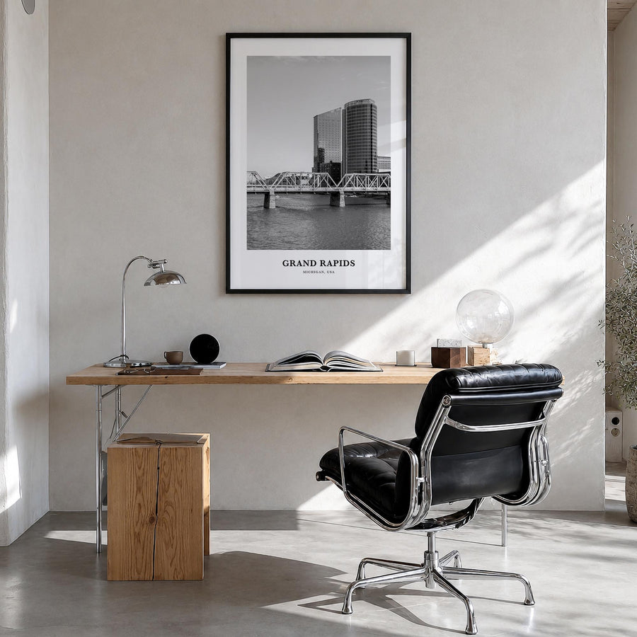 Grand Rapids no. 1 black & white classic poster of Michigan, USA – vertical wall art in black wood frame, hanging on wall