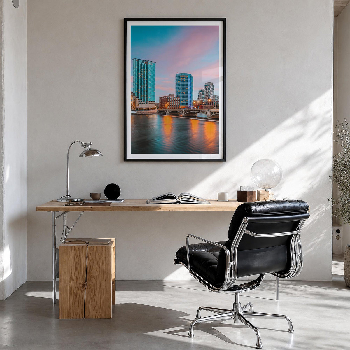 Grand Rapids no. 1 colorful photo poster of Michigan, USA – vertical wall art in black wood frame with white border, hanging 