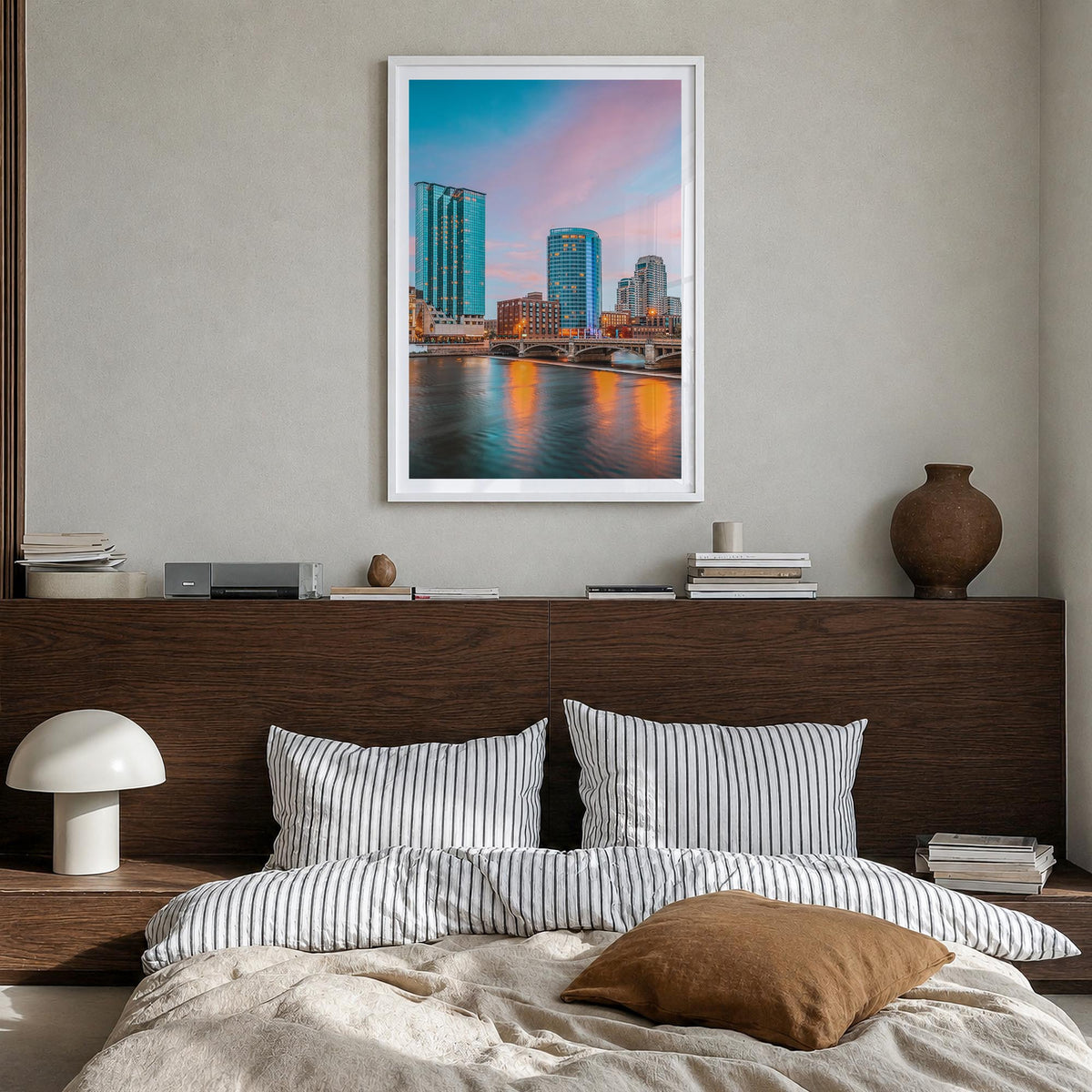 Grand Rapids no. 1 colorful photo poster of Michigan, USA – vertical wall art in white wood frame with white border, hanging 