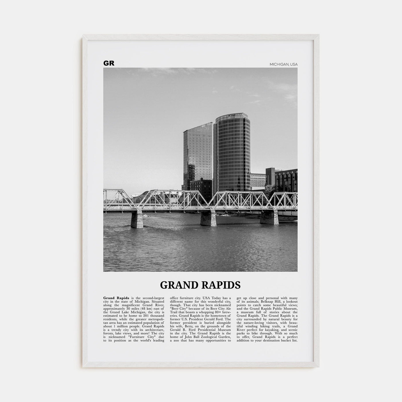 Grand Rapids No 1 Poster White Wood / 8x12 in Nbourhood Travel B&W Poster