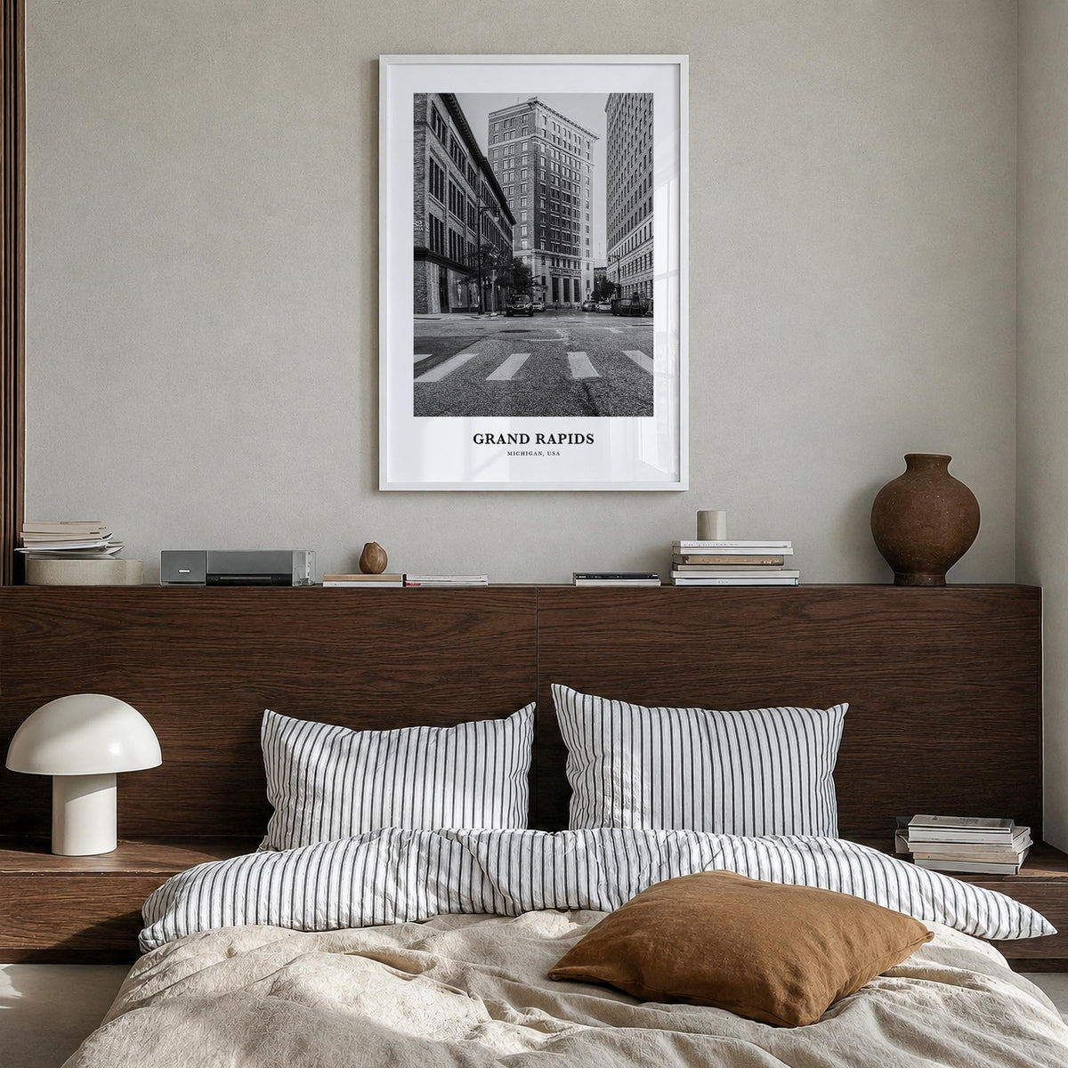 Grand Rapids no. 2 black & white classic poster of Michigan, USA – vertical wall art in white wood frame, hanging on wall