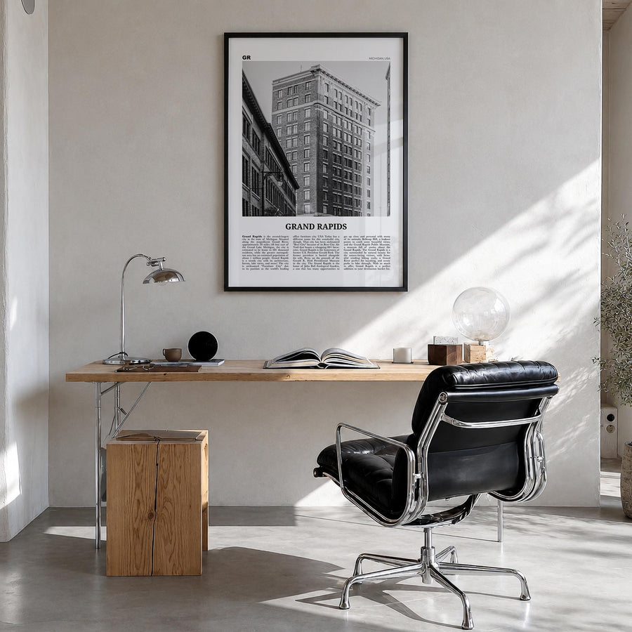 Grand Rapids no. 2 black & white newspaper poster of Michigan, USA – vertical wall art in black wood frame, hanging on wall