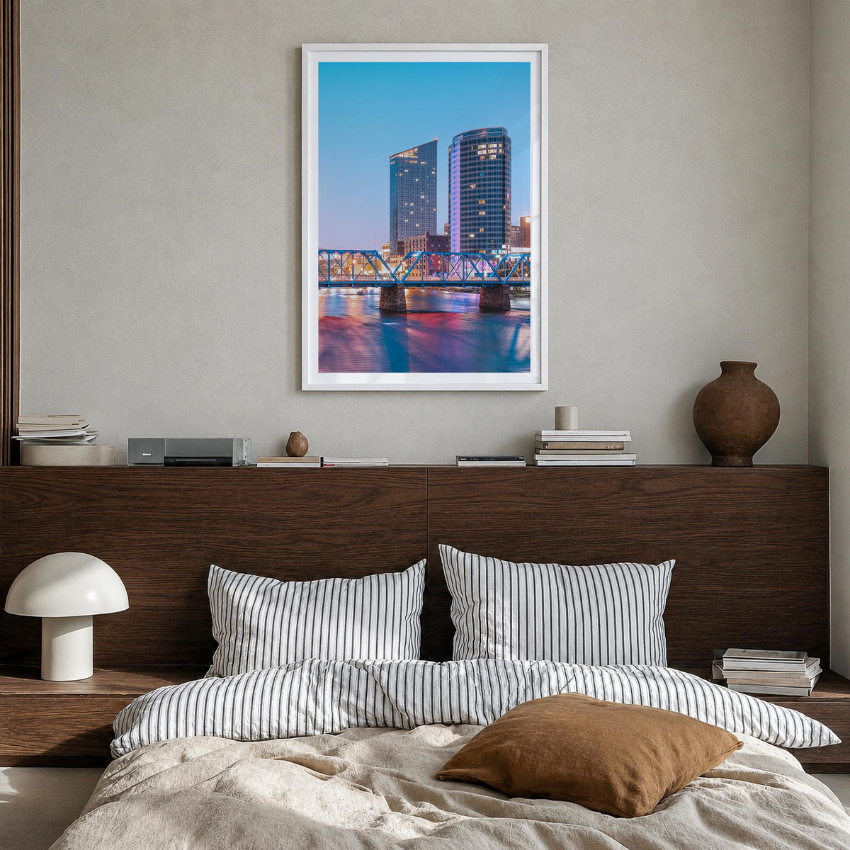 Grand Rapids no. 2 colorful photo poster of Michigan, USA – vertical wall art in white wood frame with white border, hanging 