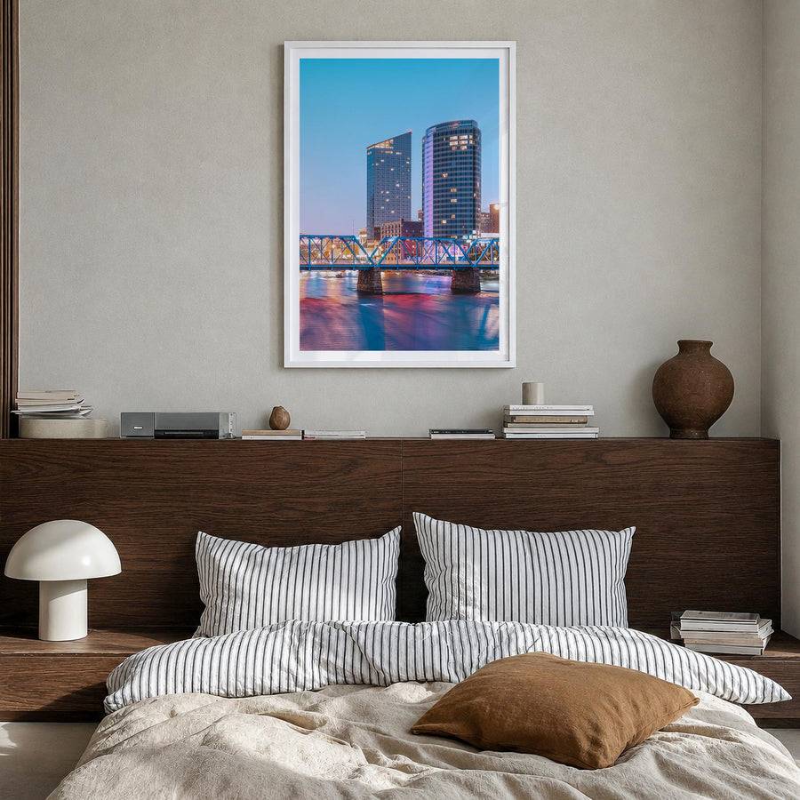 Grand Rapids no. 2 colorful photo poster of Michigan, USA – vertical wall art in white wood frame with white border, hanging 