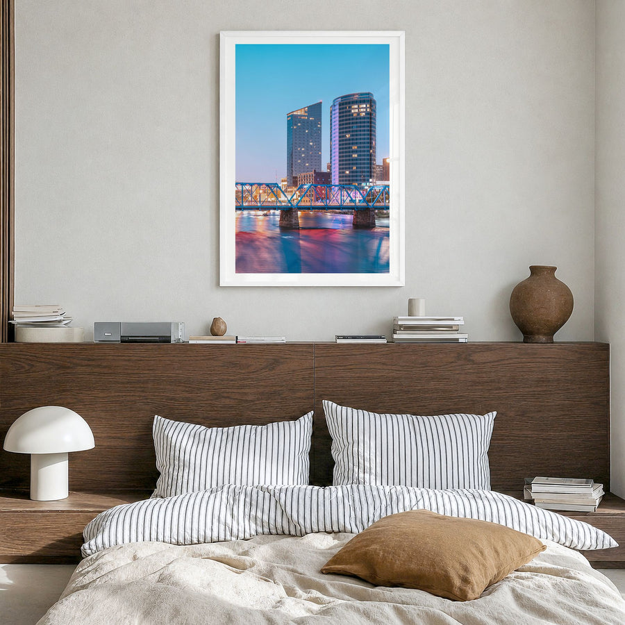 Grand Rapids Photo No 2 Poster in a white wood frame, hanging in a bedroom, white border