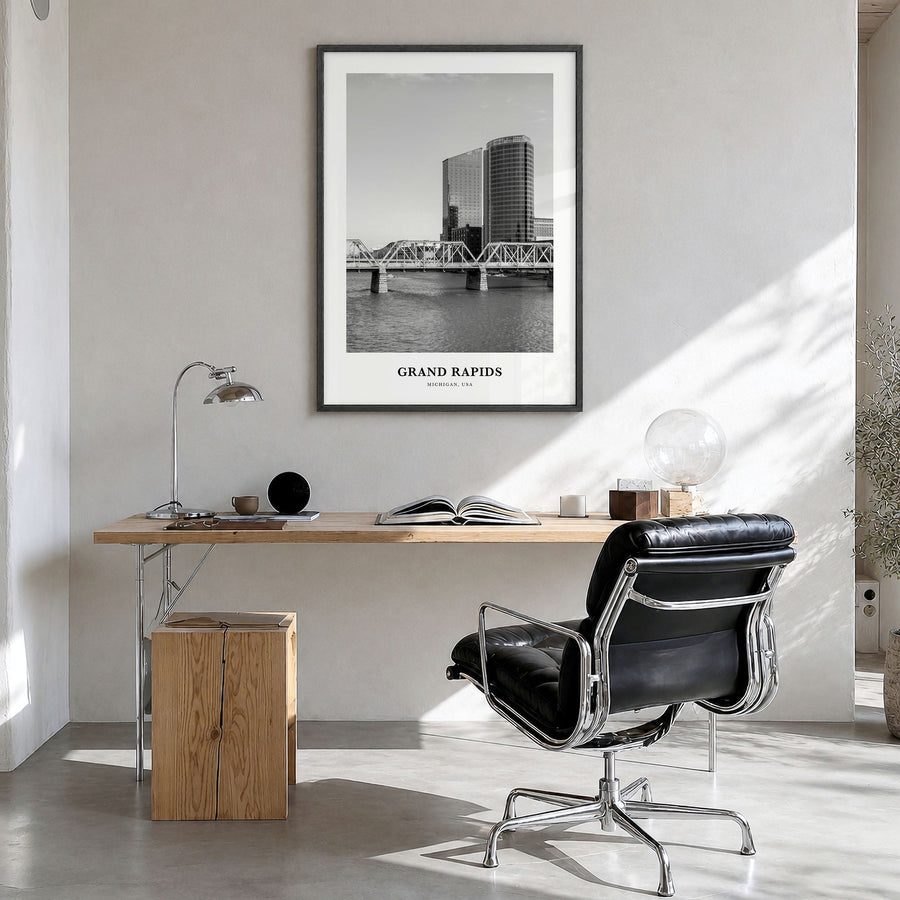 Grand Rapids Classic No 1 Poster in a black wood frame, hanging in a bright home office