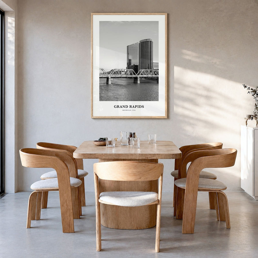 Grand Rapids Classic No 1 Poster in a natural wood frame, hanging in a dining room