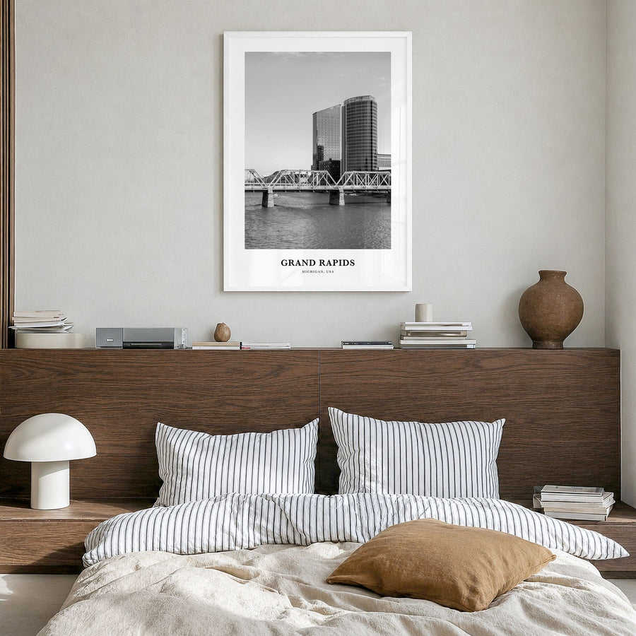 Grand Rapids Classic No 1 Poster in a white wood frame, hanging in a bedroom