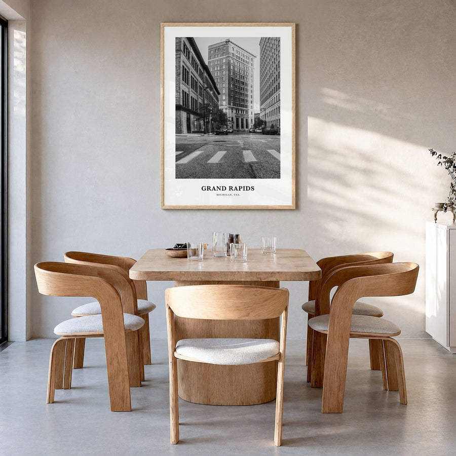 Grand Rapids Classic No 2 Poster in a natural wood frame, hanging in a dining room