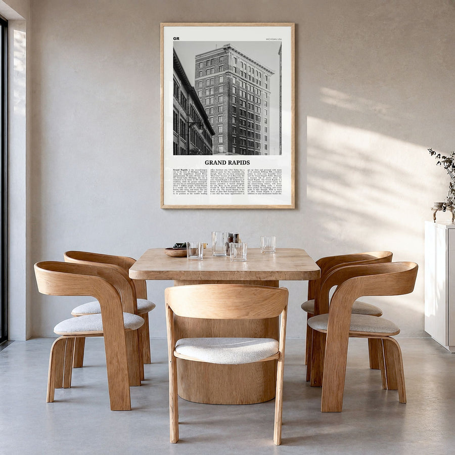 Grand Rapids Newspaper No 2 Poster in a natural wood frame, hanging in a dining room